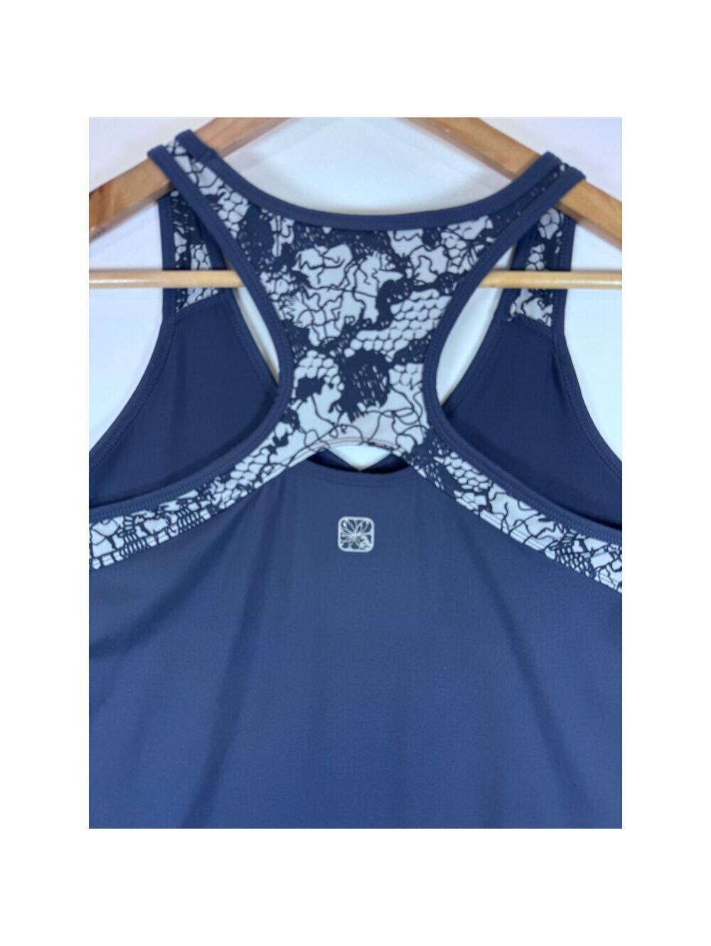 Yoga Racerback Tank Top Floral Lace Back Workout Athleisure Navy Womens M Apana - Picture 6 of 9